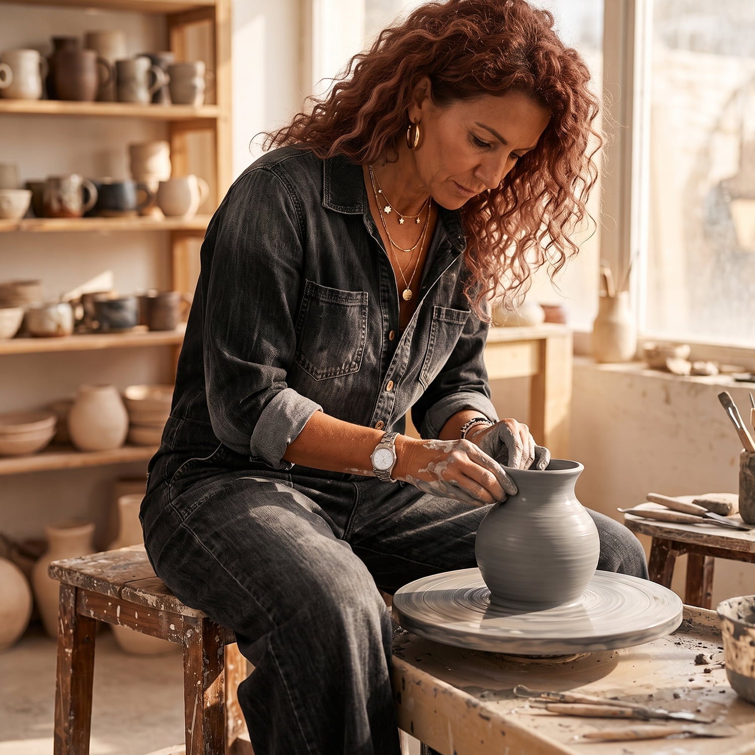 A woman with curly red hair sits on a wooden stool in a pottery studio, shaping a gray clay pot on a spinning wheel. Shelves in the background are filled with ceramic mugs and pottery.