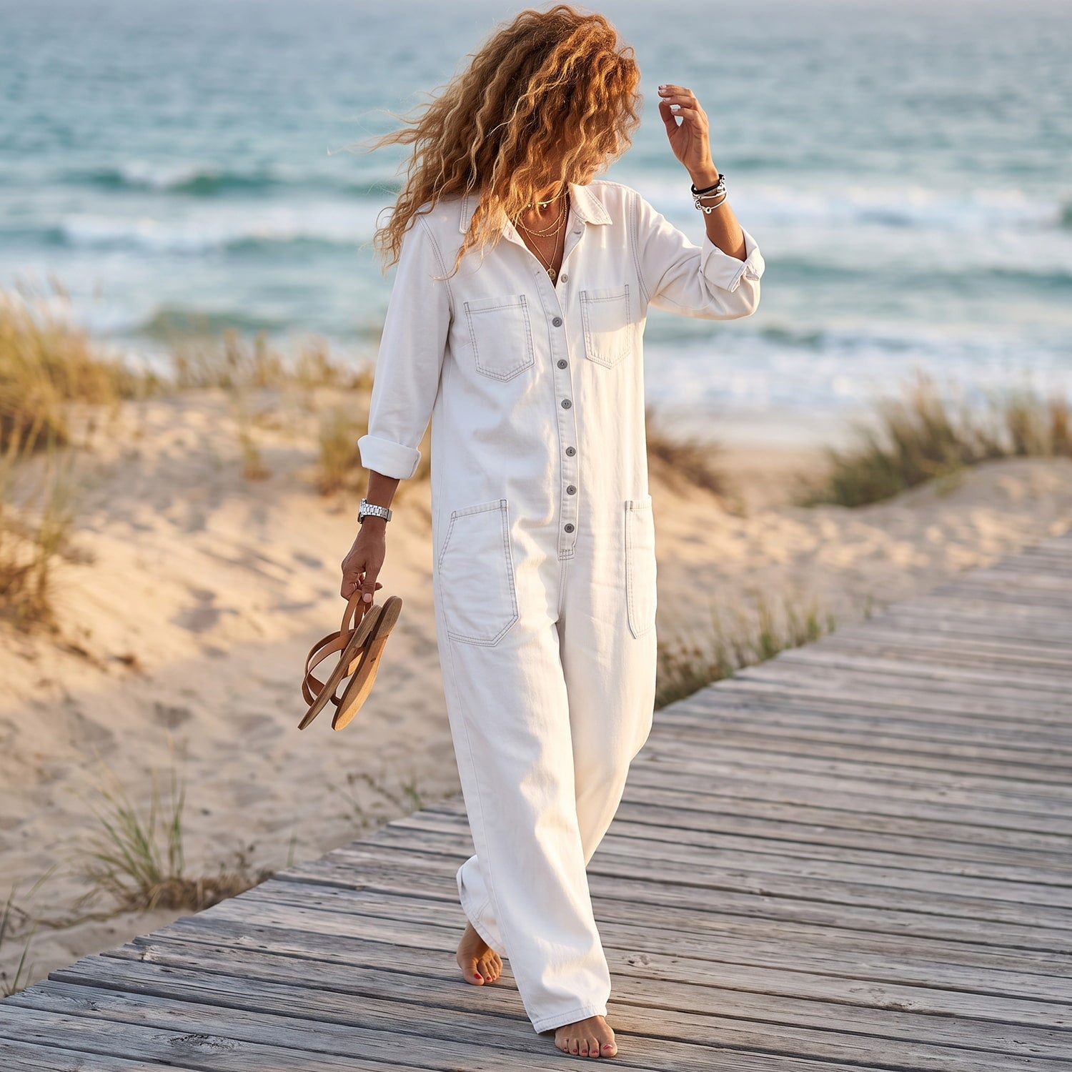 A woman walks barefoot on a wooden boardwalk at the beach wearing a white button-front jumpsuit, holding brown sandals.