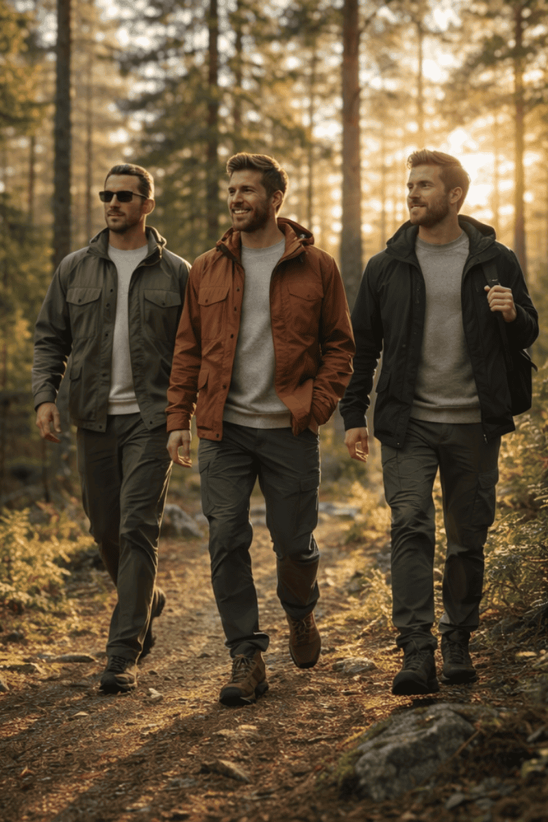 Canadian outdoor lifestyle fashion for men 40+ – relaxed clothing with supportive walking shoes and practical style.